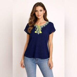 Vtg Decree Womens Blue Embroidered Peasent Boho Crinkle Blouse Modest TASSLE M